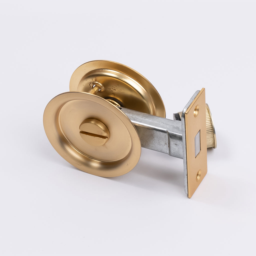 Satin Brass Round Sliding Cavity Privacy Lock - Manovella
