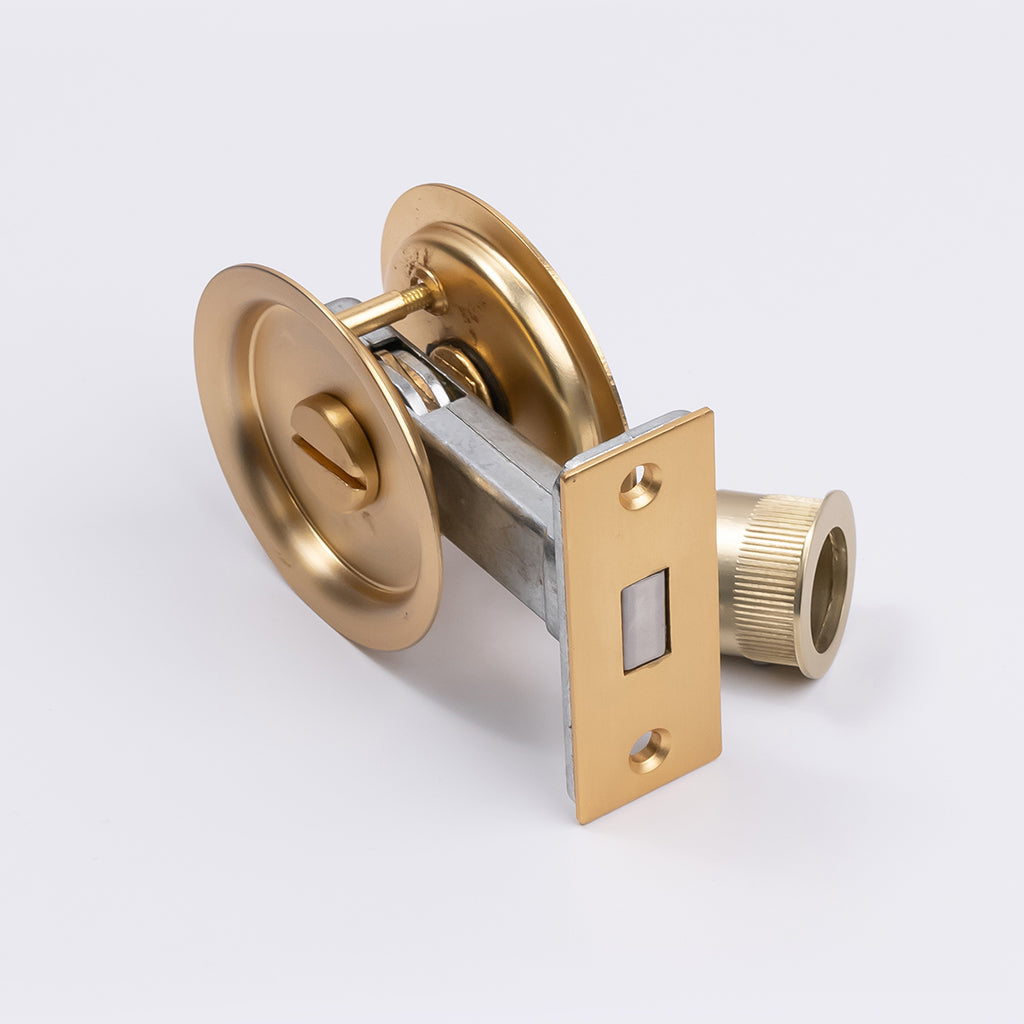 Satin Brass Round Sliding Cavity Privacy Lock - Manovella