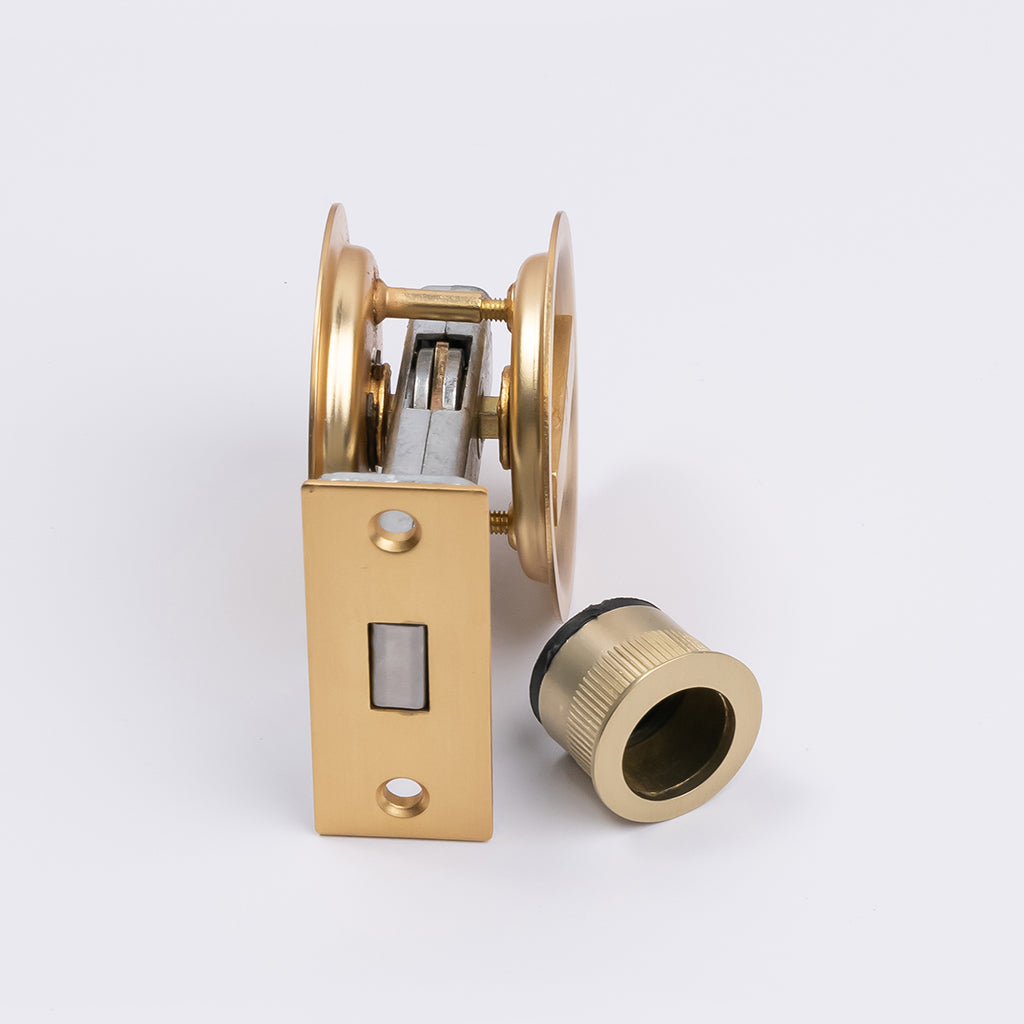 Satin Brass Round Sliding Cavity Privacy Lock - Manovella