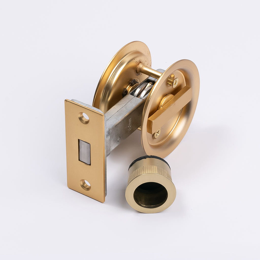 Satin Brass Round Sliding Cavity Privacy Lock - Manovella