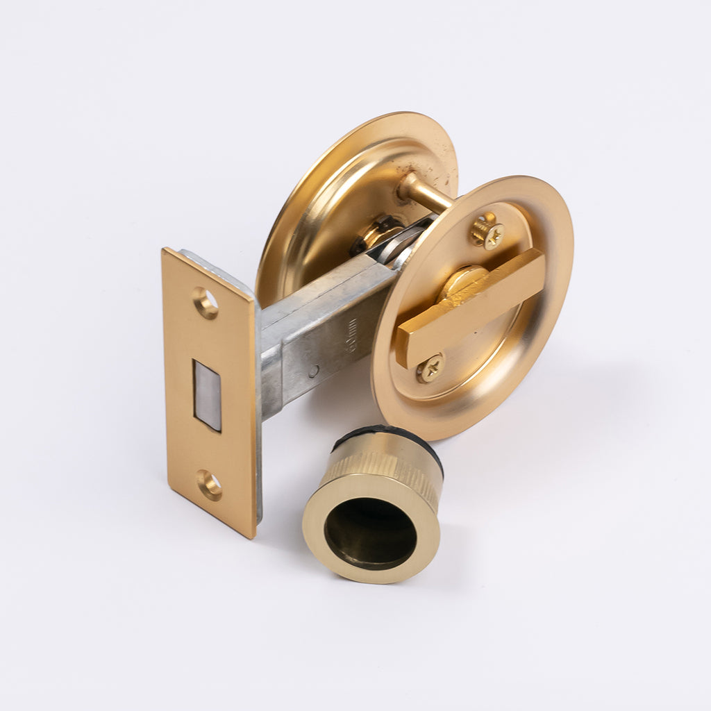 Satin Brass Round Sliding Cavity Privacy Lock - Manovella
