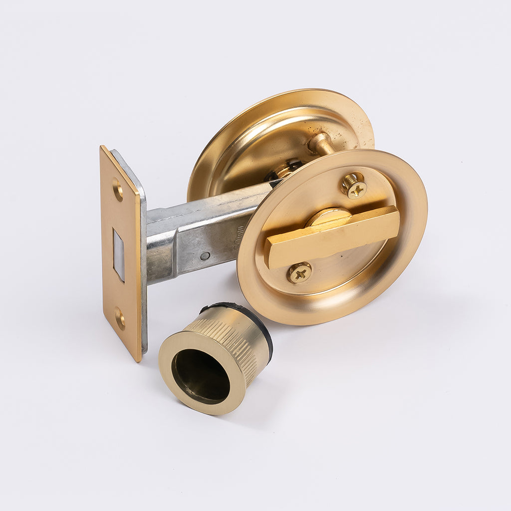 Satin Brass Round Sliding Cavity Privacy Lock - Manovella