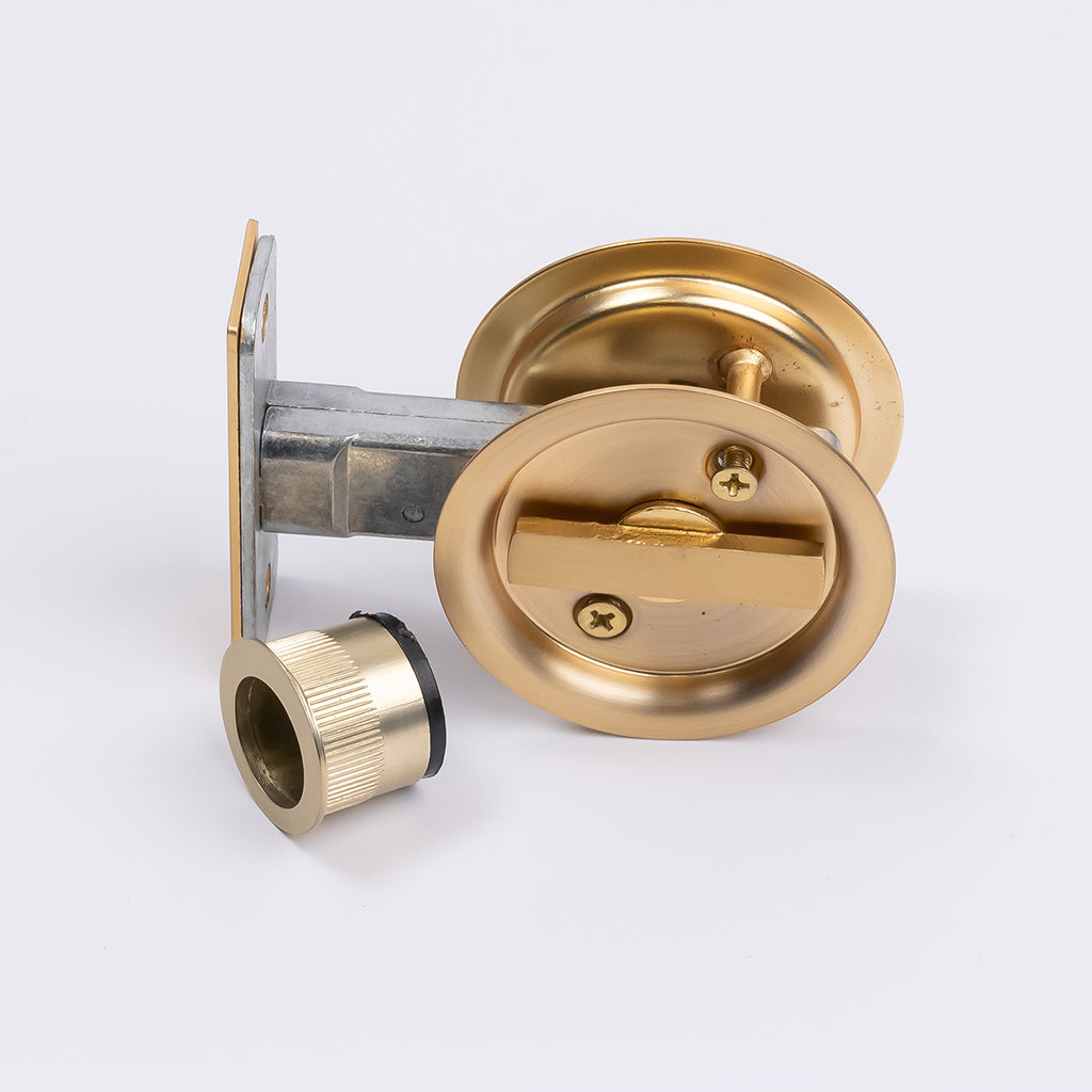 Satin Brass Round Sliding Cavity Privacy Lock - Manovella