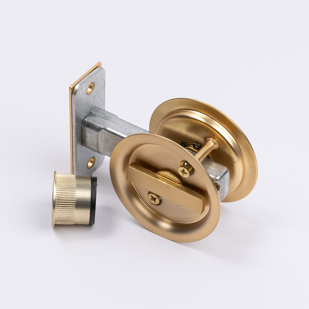 Satin Brass Round Sliding Cavity Privacy Lock - Manovella