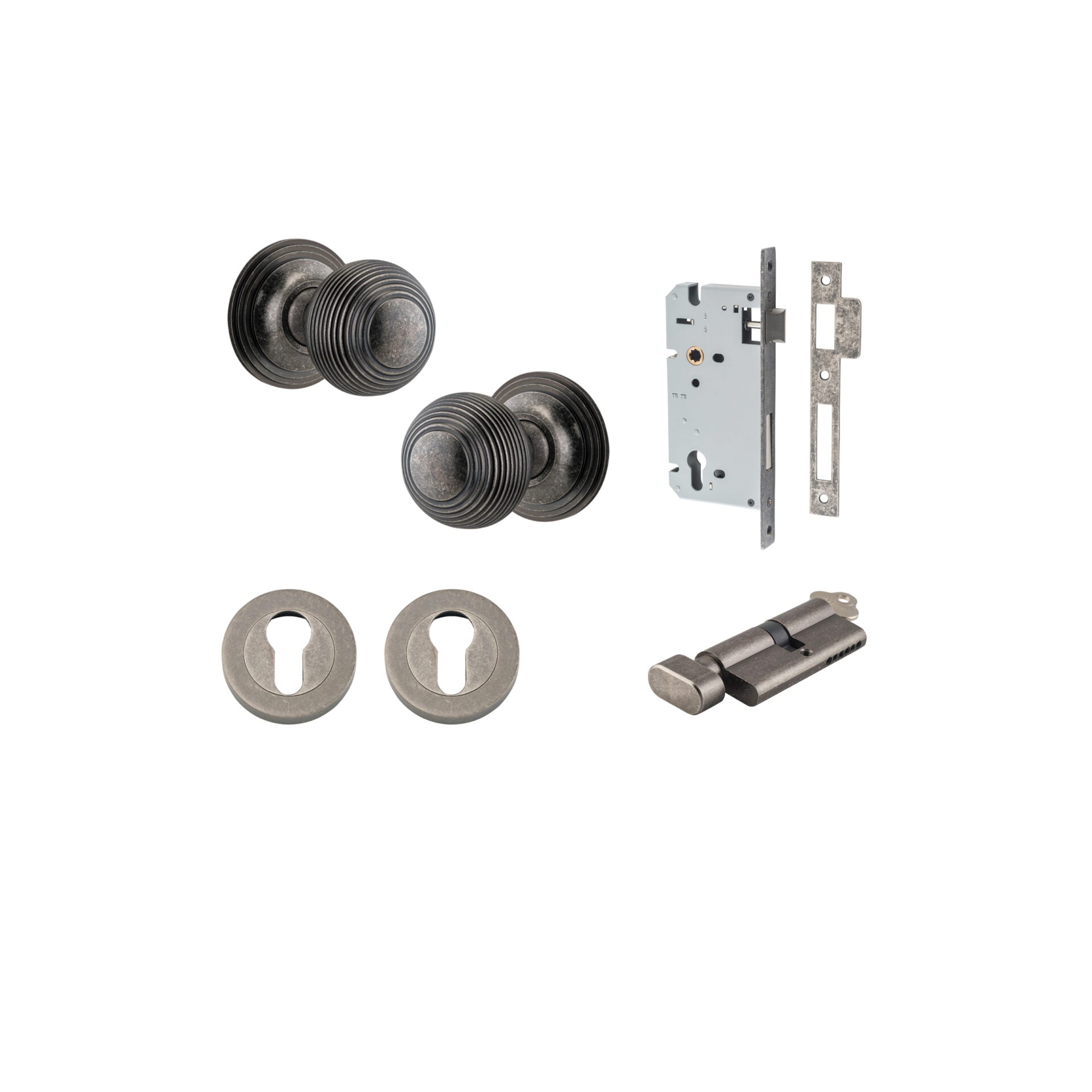 Guildford Knob - Round Rose - Entry Point - Iver - Distressed Nickel - Door Knobs