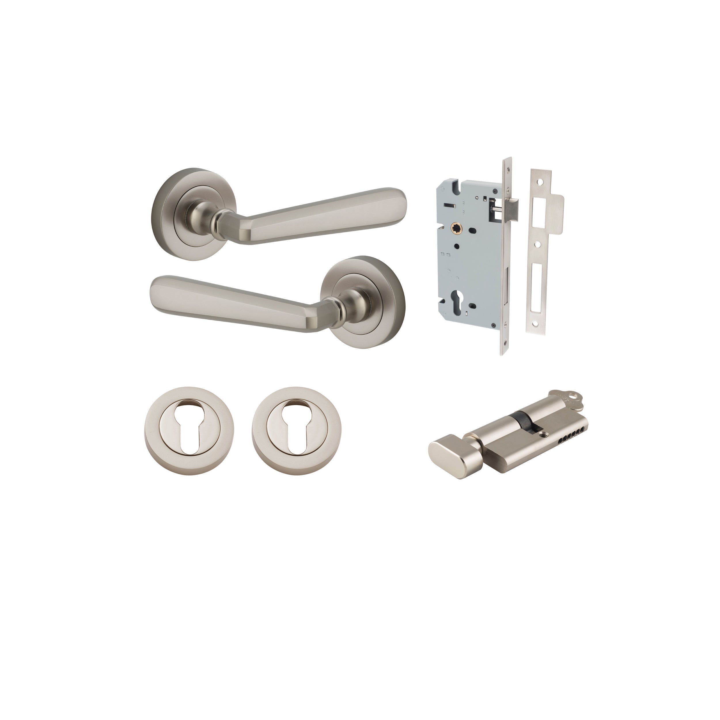 Copenhagen Lever - Round Rose - Entry Point - Iver - Satin Nickel - Door Levers - Door Handle - Solid Brass